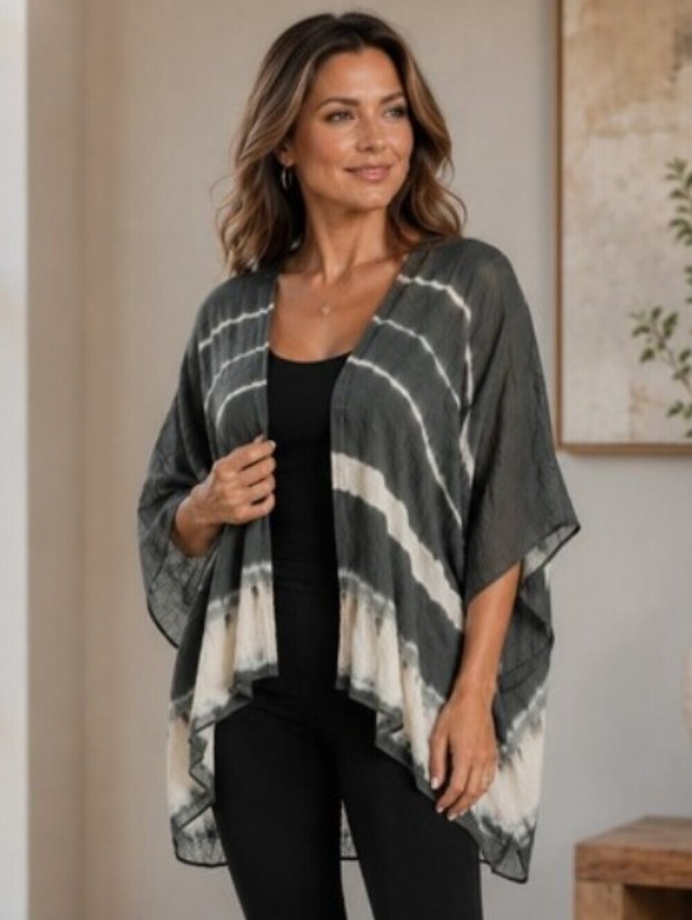 Umgee Charcoal and Cream Tie-dye Kimono Cardigan